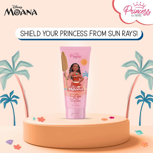 Princess by RENEE Disney Moana Sunscreen with SPF 50, Protects & Nourishes, Zero White Cast, Lightweight & Non-Greasy, Quick-absorbing Formula, Vitamin E, Cocoa Butter, Provitamin B5 Infused, 50 Ml