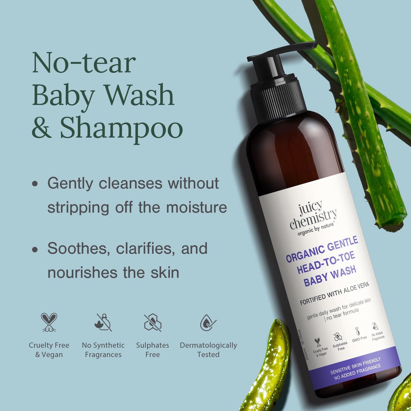 Juicy Chemistry Organic Gentle Head-to-Toe Baby Wash with Aloe Vera, 200ml | Nourishing Cleanser for Babies | Soothes & Clarifies Skin | Gentle Daily Head-to-Toe Wash | No Tear Formula | Sulphate Free | Dermatologically Tested
