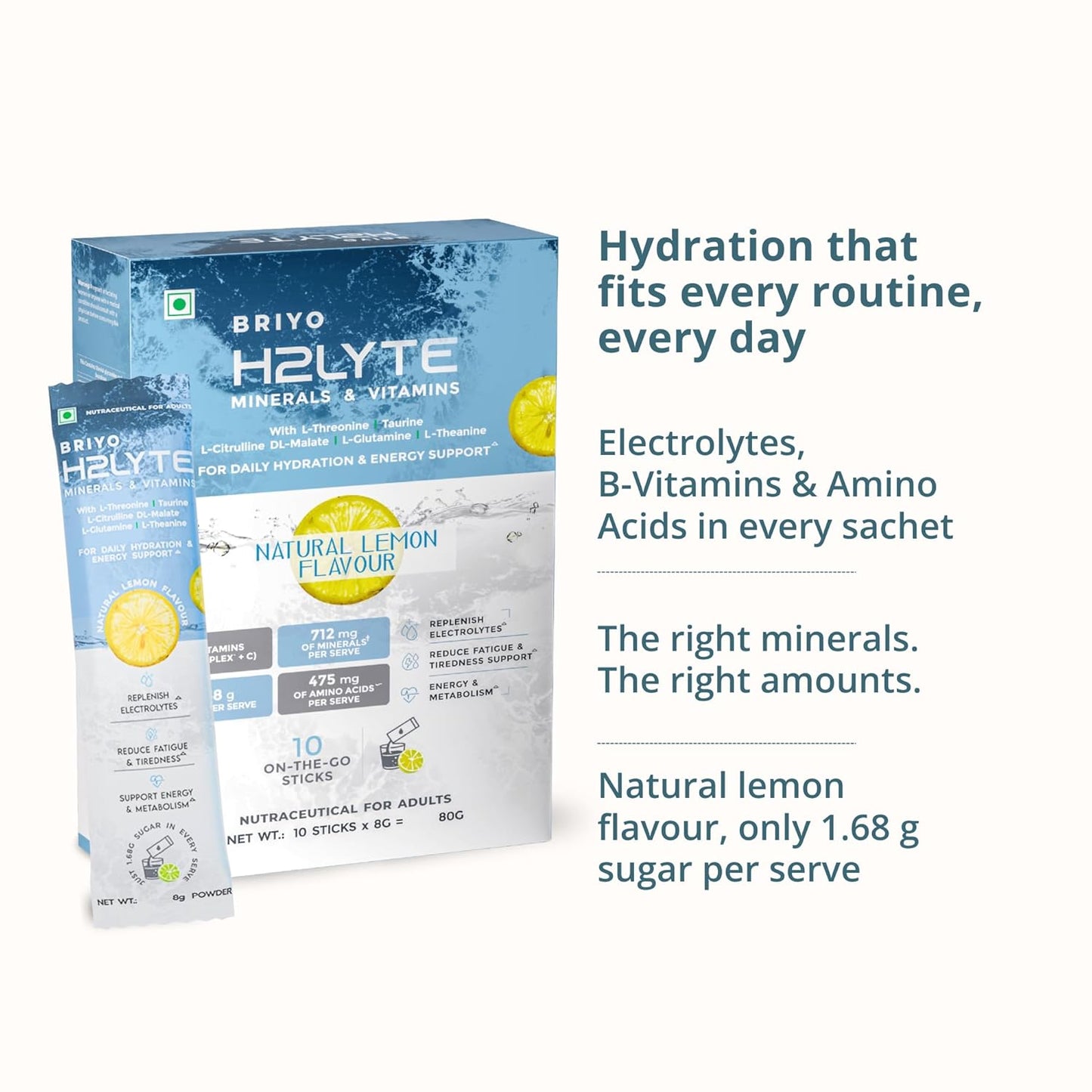 Briyo H2Lyte Low Sugar Electrolyte Drink | Hydration & Energy Booster | Magnesium, Amino Acids & Vitamins B & C | Natural Lemon Flavor