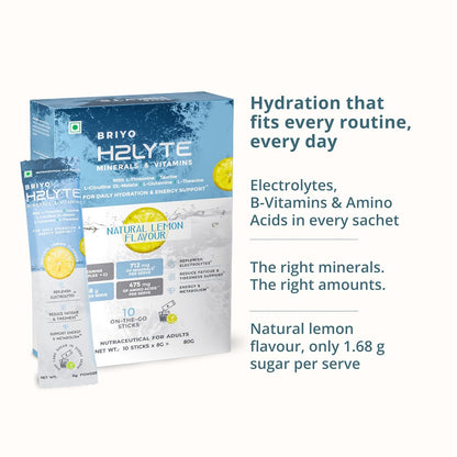 Briyo H2Lyte Low Sugar Electrolyte Drink | Hydration & Energy Booster | Magnesium, Amino Acids & Vitamins B & C | Natural Lemon Flavor