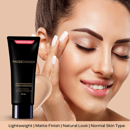 FACES CANADA Weightless Matte Finish Foundation - Beige, 15ml | Lightweight | Natural Finish | Anti-Ageing | Non-Clog Pores | Enriched With Olive Seed Oil, Grape Extract, Shea Butter