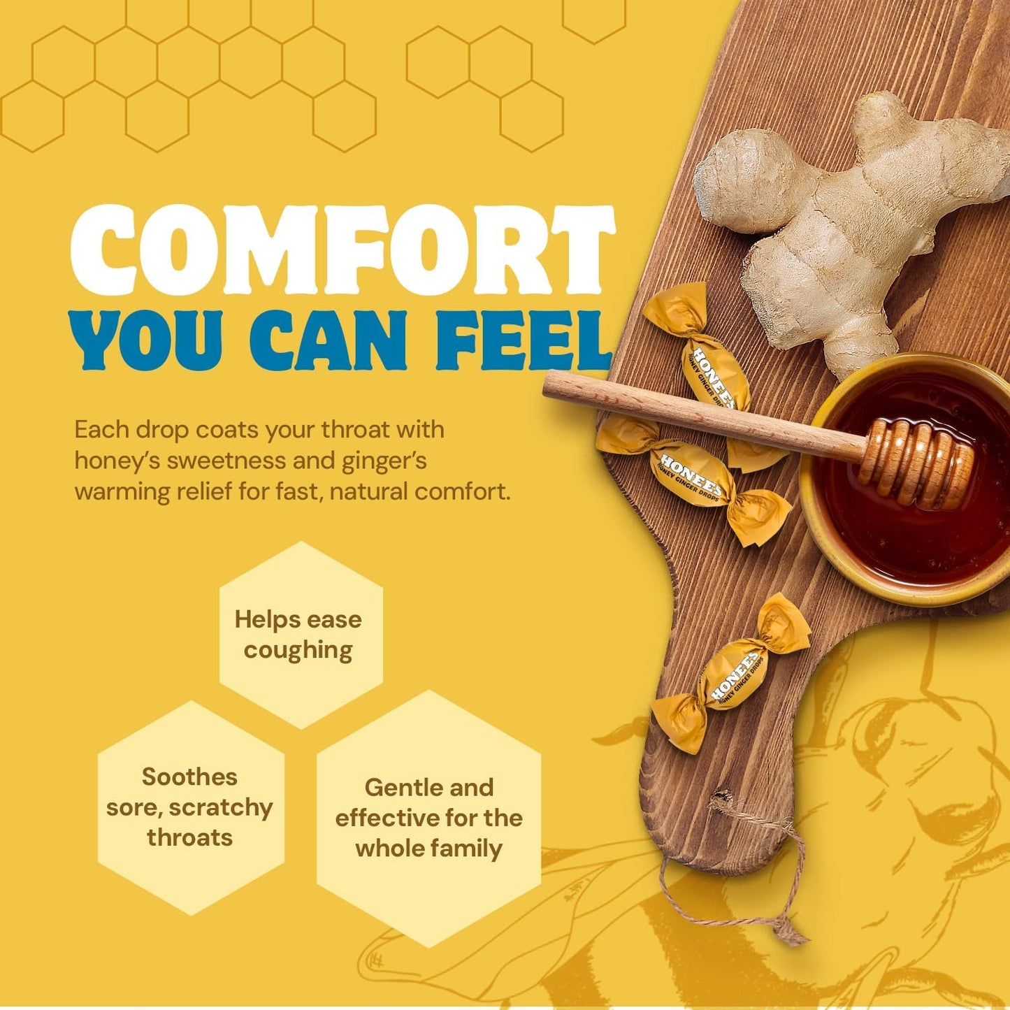 Honees Filled Honey Ginger Drops, Natural Cough Drops- Pure Ginger Sore Throat Relief - Nothing Artificial -Throat Coat Lozenges, Natural Cough Suppressant, Non-GMO, Gluten Free (1 Pack â€“ 20 Drops)