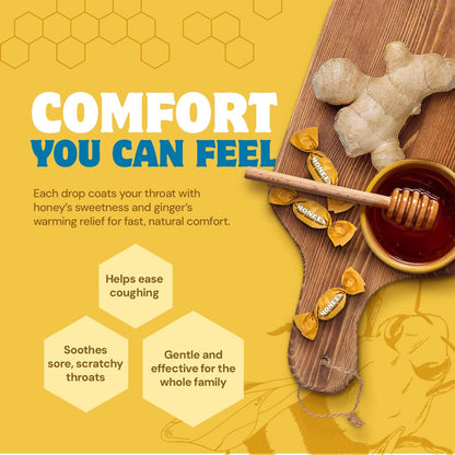 Honees Filled Honey Ginger Drops, Natural Cough Drops- Pure Ginger Sore Throat Relief - Nothing Artificial -Throat Coat Lozenges, Natural Cough Suppressant, Non-GMO, Gluten Free (1 Pack â€“ 20 Drops)
