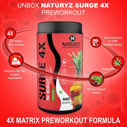 Naturyz Surge 4X Pre Workout, 400g Powder (Mix fruit fusion flavour) with 4000mg Beta-Alanine, 3500mg L- Citrulline,Creatine,L- Arginine & Aminos