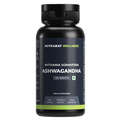 Nutrabay Wellness Ashwagandha Extract Tablet (Withania Somnifera), Enhances Energy, Stamina, Immunity | Anxiety & Stress Relief, 1000mg - 60 Veg Tablets