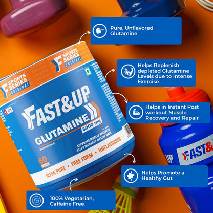 Fast&Up Glutamine (Unflavoured, 2 Month Supply) L-Glutamine For Muscle Building & Performance | Post Workout Recovery & Muscle Growth (300g powder)