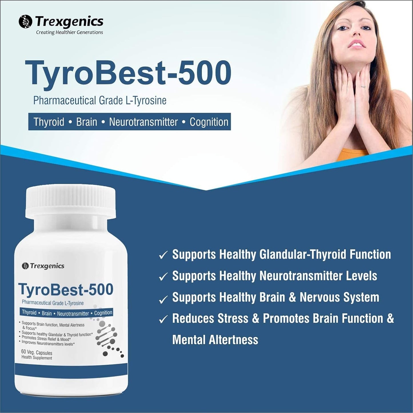 Trexgenics TyroBest-500 L-Tyrosine Pharmaceutical Grade - Thyroid, Stress, Neurotransmitter & Brain Function Support (60 Veg. Capsules) (1)