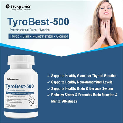 Trexgenics TyroBest-500 L-Tyrosine Pharmaceutical Grade - Thyroid, Stress, Neurotransmitter & Brain Function Support (60 Veg. Capsules) (1)