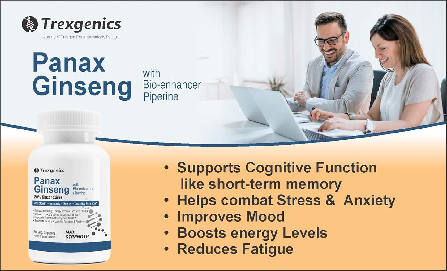 TrexgenicsÂ® PANAX (Red/Korean) GINSENG 20% Ginesenosides 500mg Premium with Bio-enhancer Piperine 5mg Adaptogen, Immunity, Energy, Cognitive Function(60 Veg capsules)