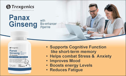 TrexgenicsÂ® PANAX (Red/Korean) GINSENG 20% Ginesenosides 500mg Premium with Bio-enhancer Piperine 5mg Adaptogen, Immunity, Energy, Cognitive Function(60 Veg capsules)