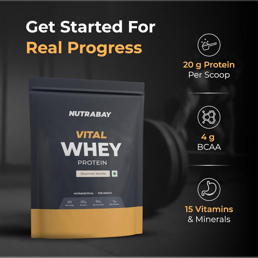 Nutrabay Gold Vital Whey Protein Powder for Beginners with Added Vitamins & Minerals â€“ Muscle Growth & Body Strength â€“ 1kg, Gourmet Vanilla | Easy to Digest | 100% Authentic Imported Clean Protein