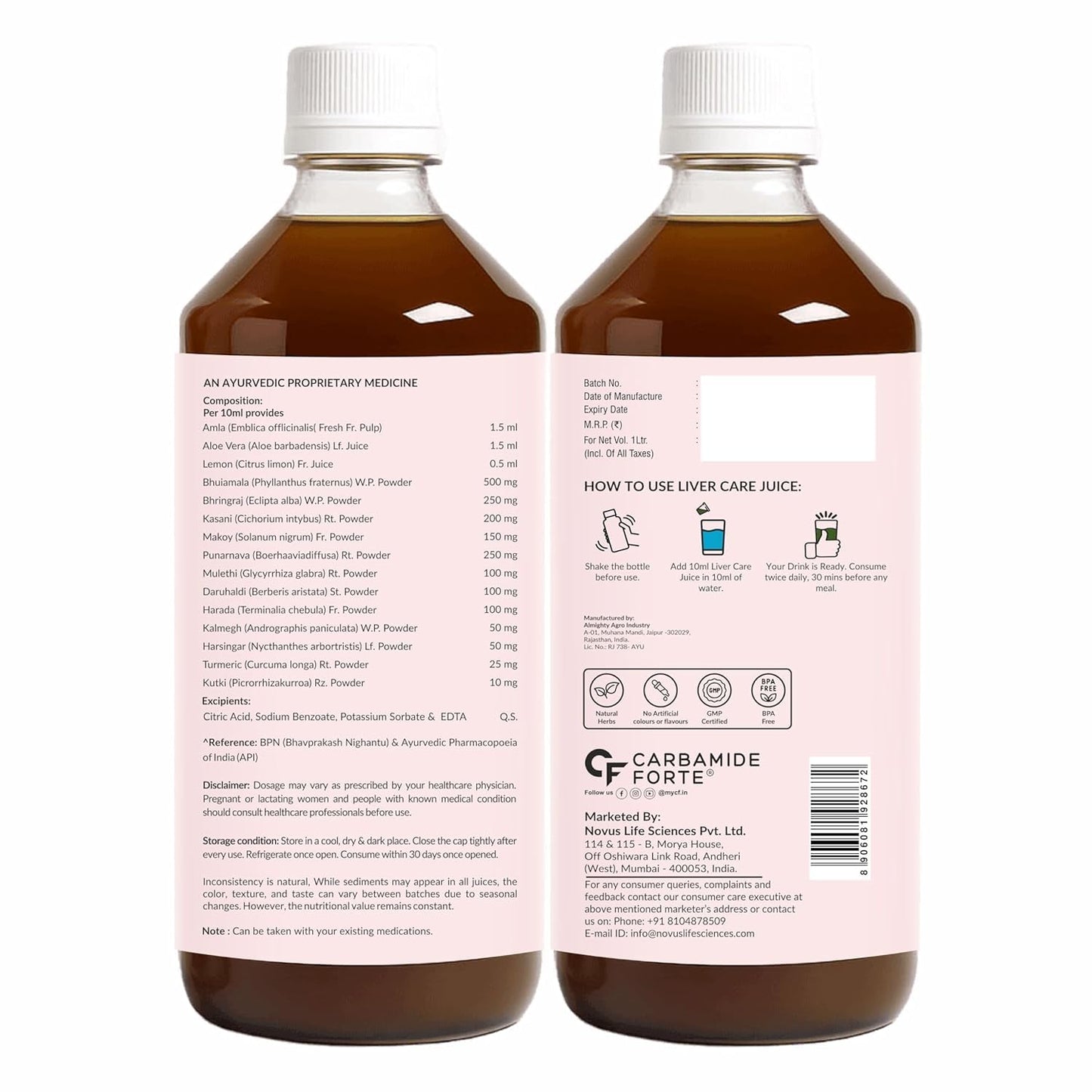 Carbamide Forte Ayurvedic Liver Care Juice - 1L | Herbal Liver Detox Supplement | Antioxidant-Rich Formula with 15 Ayurvedic Herbs | No Added Sugar & Artificial Colour