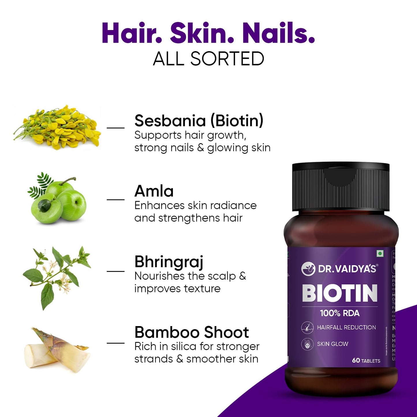 Dr. Vaidyaâ€™s Biotin Tablets for Hair Growth | Ayurvedic Hair Vitamins with Amla, Bhringraj & Bamboo Shoot | Natural Biotin Supplements for Hair Regrowth, Thinning Hair, Skin Glow & Stronger Nails (60 Tablets)