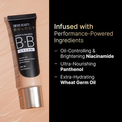 SWISS BEAUTY Select Bright&Balance Multifunctional Luminous Medium Coverage Bb Cream With Spf 30 Protects, Hydrates And Covers Infused With Niacinamide, Wheat Germ Oil Shade-That's Fair, 30G|1 Count