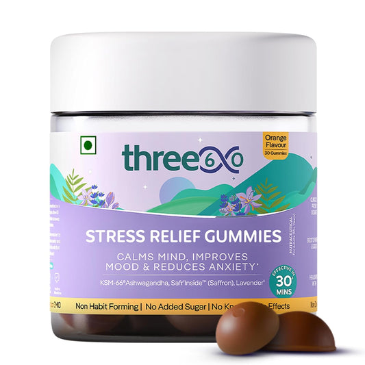 three60 STRESS RELIEF Gummies |Reduces Stress & Cortisol Levels |Helps in Anxiety Relief & Calms Mind |KSM-66Â® Ashwagandha, Safrâ€™InsideTM (Saffron), Lavender|Non-Habit Forming|30 Stress Relief Gummies