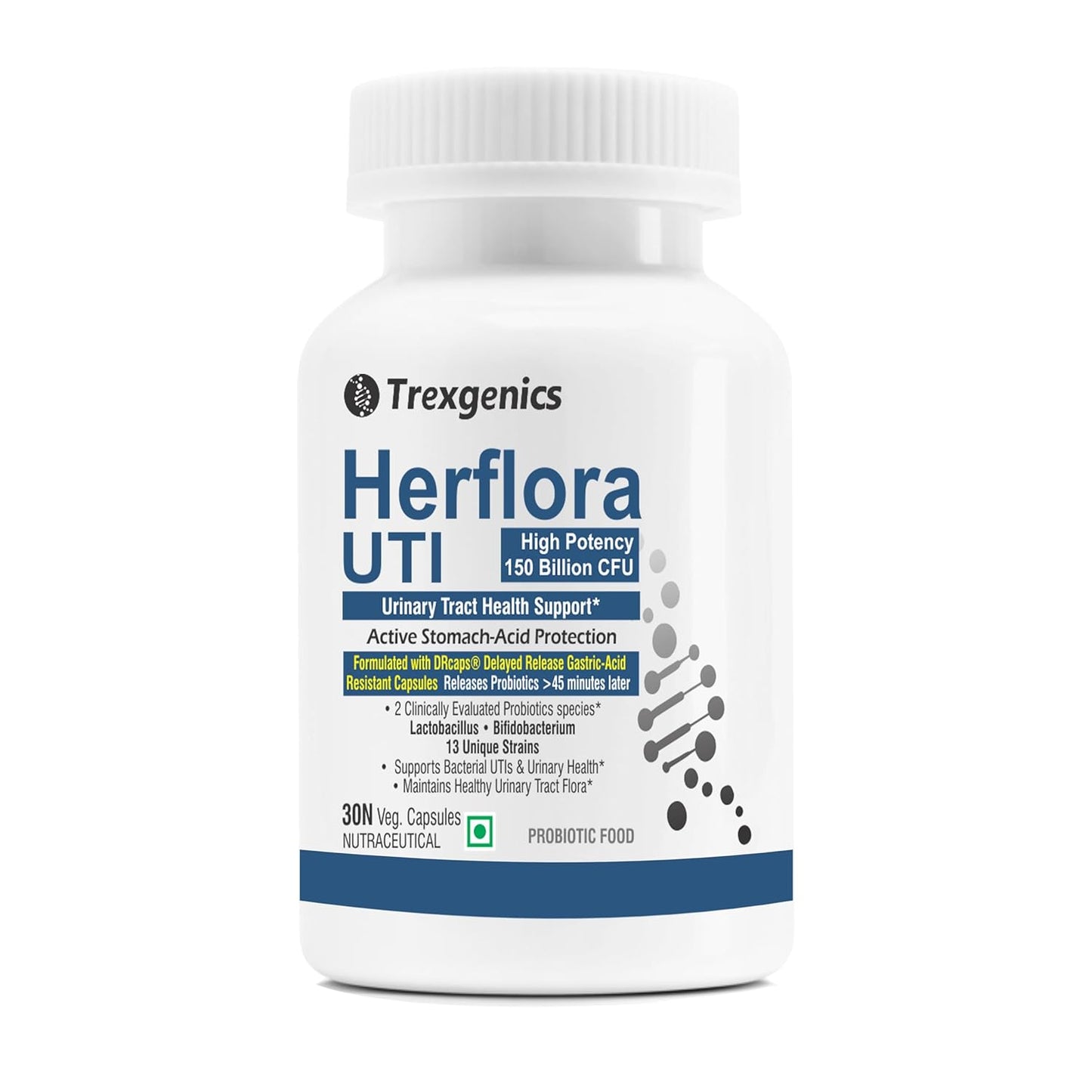 Trexgenics HERFLORA-UTI Probiotics 150 Billion CFU Urinary Tract Health Support Delayed release stomach acid protection capsules (30 Veg Capsules))