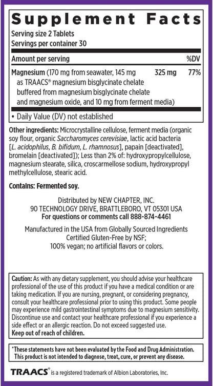 New Chapter Magnesium Complex Supplement, 325mg with Magnesium Glycinate + Sea-Sourced + Fermented Forms for Heart, Bone, Nerve, Muscle & Cellular Energy, 100% Vegan, 60 Tablets