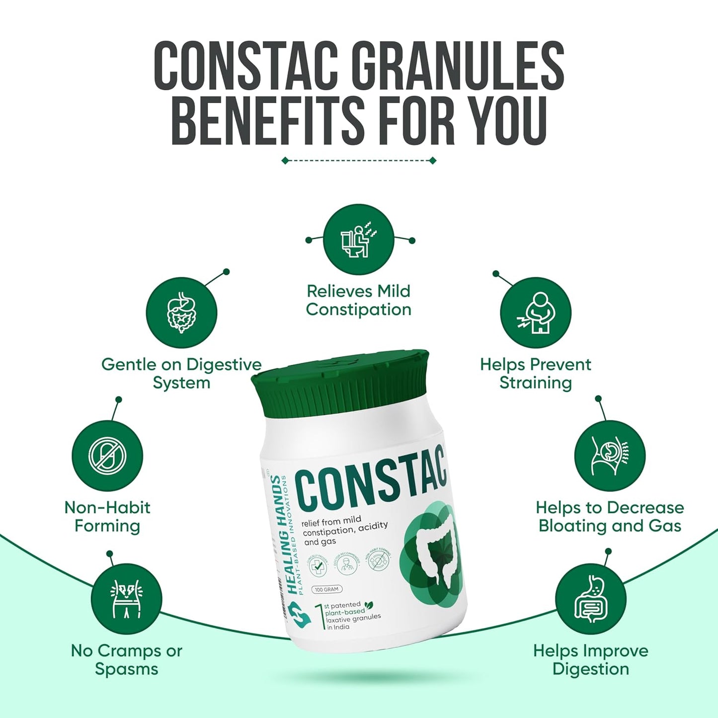 Healing Hands Constac for Relief in Mild Constipation, Acidity and Gas, Plant Based Natural Constipation Solution, Clinically Proven, Herbal â€“ 100gm (Granules)