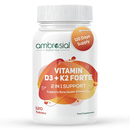 Ambrosial Vitamin D3 K2 Forte 120 Tablets | Vitamin D 3 k 2 Supplement for Bone, Heart & Immune Health Vitamin D3 (600 IU) with MK-7 Vitamin K2 | Plant-Based High Absorption Daily supplements