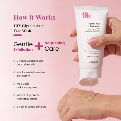 Zeelab 1RX Glycolic Acid Face Wash 100gm | Exfoliating & Brightening Cleanser | With Aloe Vera, Niacinamide & Vitamin E | Removes Dead Skin, Controls Oil & Helps Improve Skin Texture | For Men & Women