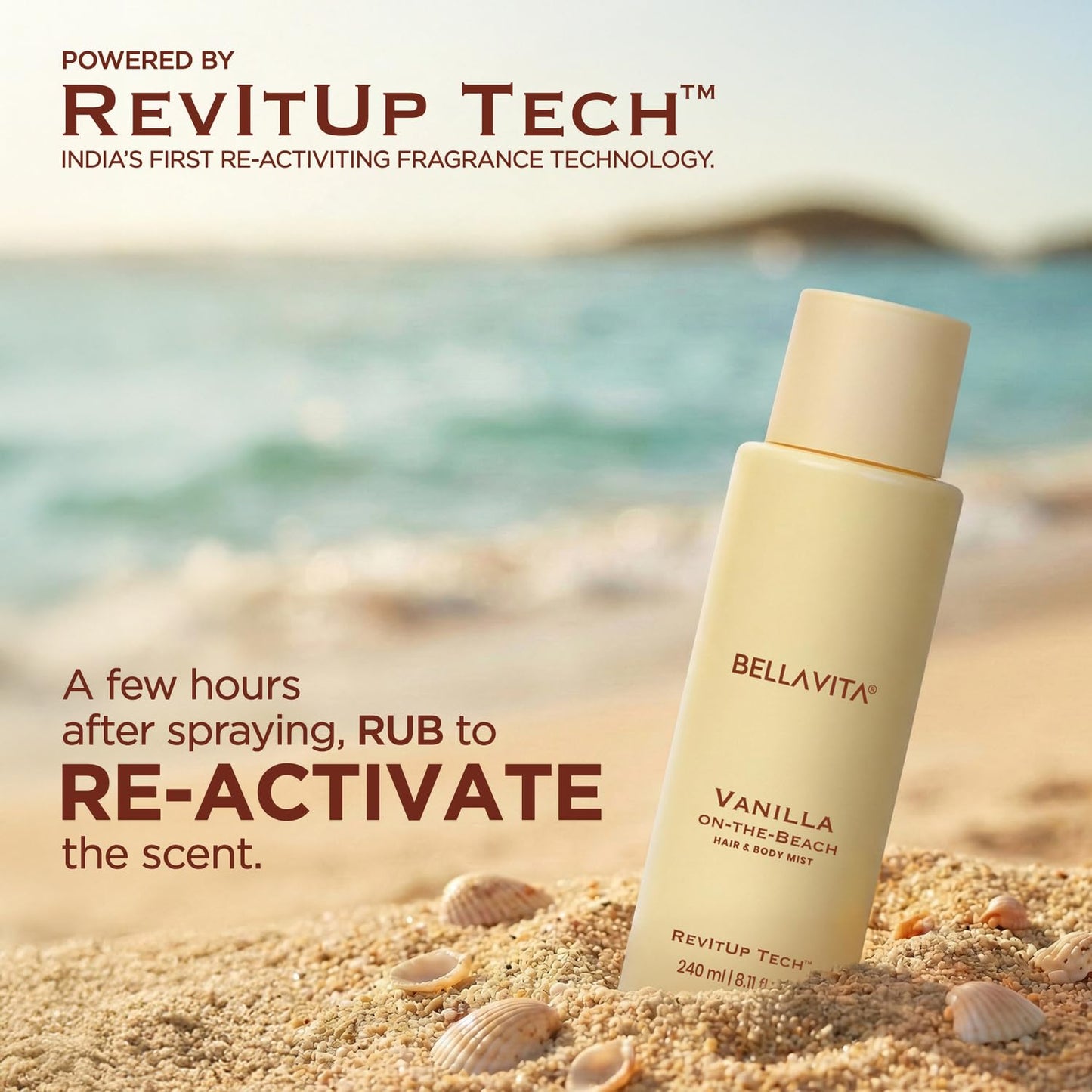 Bellavita Vanilla On-the-Beach | 2 in 1 Hair and Body Mist | 240ml | Long Lasting Premium Body Mist for Woman, Girl | Water based formulation