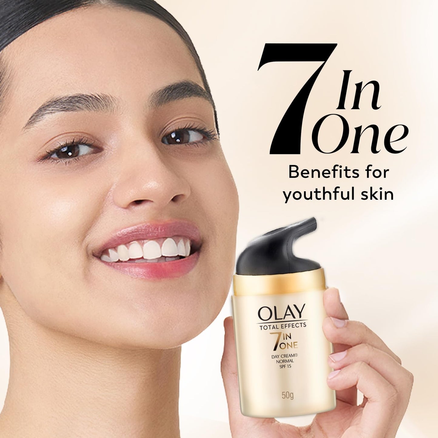 Olay Total Effects Day Cream |with Vitamin B5, Niacinamide, Green Tea, SPF 15 |Fights 7 signs of ageing for glowing, hydrated and younger looking skin with UV protection |Suitable for Normal, Dry, Oily & Combination skin |50 gm