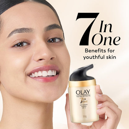 Olay Total Effects Day Cream |with Vitamin B5, Niacinamide, Green Tea, SPF 15 |Fights 7 signs of ageing for glowing, hydrated and younger looking skin with UV protection |Suitable for Normal, Dry, Oily & Combination skin |50 gm