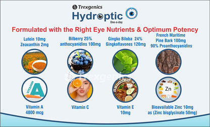 TrexgenicsÂ® HYDROPTIC Advanced Dry Eyes & Eye Care One-a-day Vegetarian formula with Lutein, Zeaxanthin, Bilberry, Gingko, Pine Bark, Vitamin C, Zinc &Vitamin A (30 Vcaps) (1)