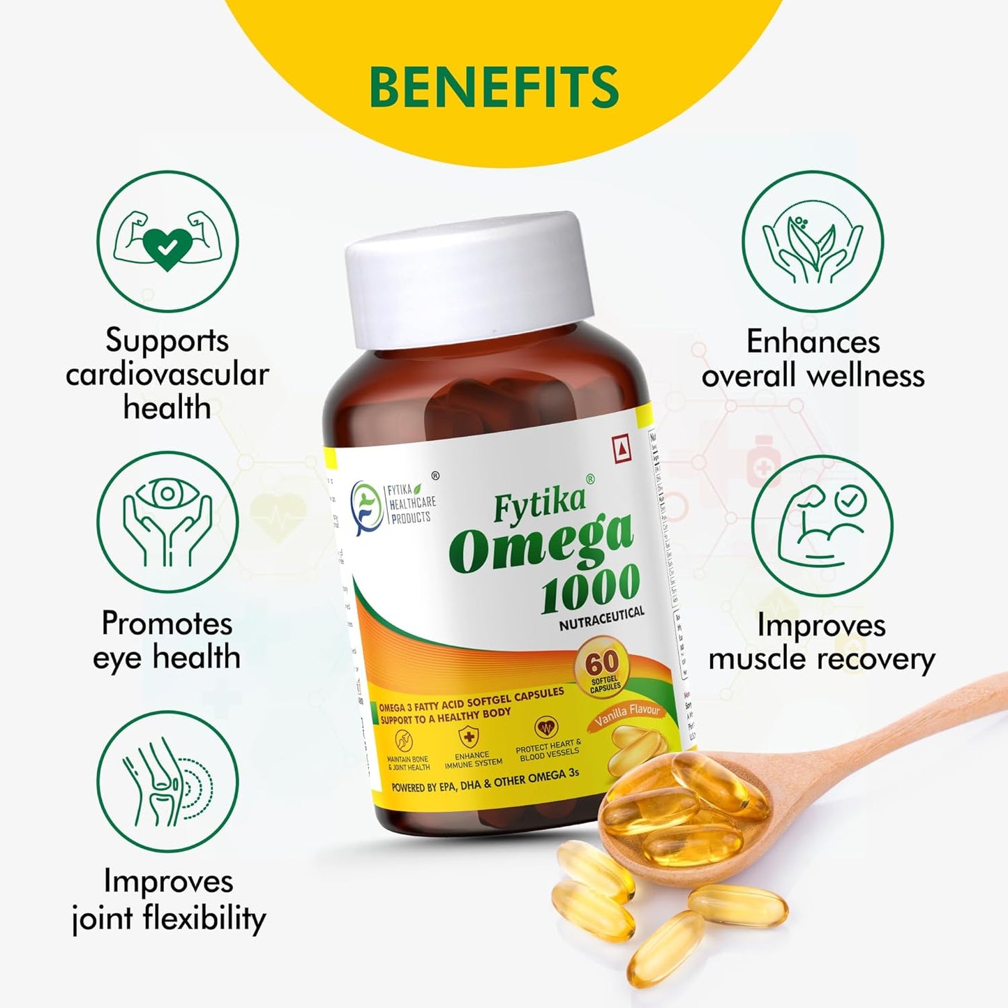 FYTIKA Omega 3 Fish Oil 1000mg 60 Capsules for Heart, Eye, Skin, Brain, Joint & Muscle Support | Omega 3 1000mg Fatty Acid Capsule enriched with EPA 360mg+DHA 240mg & Omega Fatty Acids 400mg