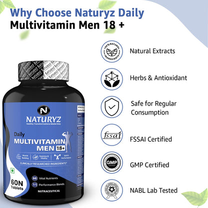 NATURYZ Daily Multivitamin Men 18+ with Highest 60 Nutrients (Vitamins, Minerals, Amino acids, Enzymes, Antioxidants, Herbal Extracts with Omega 3) and 11 Performance Blends for Muscle growth, Strength & Immunity- 60 Tablets