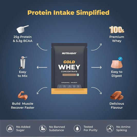 Nutrabay Gold Whey Protein Concentrate Powder 25g Protein, 5.3g BCAA â€“ Easy to Digest, NABL Lab Tested â€“ Muscle Growth & Recovery â€“ 35g, Rich Chocolate Creme | Trustified Certified 100% Authentic