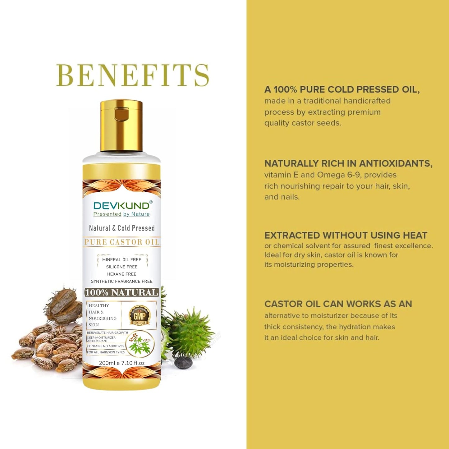 Devkund Â® Cold Pressed Castor Oil for Hair Growth, Skin Care, Moisturising Dry Skin, Nails, Eyelash - Virgin Grade - 400ml