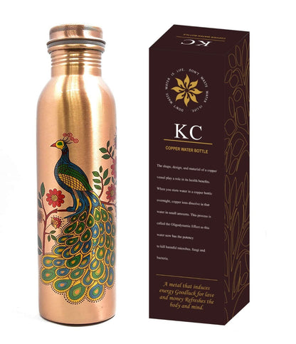 KC Pure Copper Peacock Designer Water Bottle with Advanced Leak Proof Protection, Ayurveda and Yoga Health Benefits. (1000ml, 1Unit, Pack of 1)