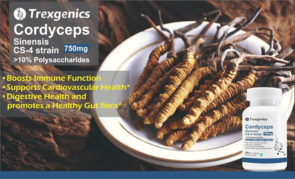 Trexgenics CORDYCEPS 10% Polysaccharides 750 mg Immunity, Cardiovascular, Exercise performance VEGAN & NON-GMO (60 Veg. Capsules) (Pack of 1)