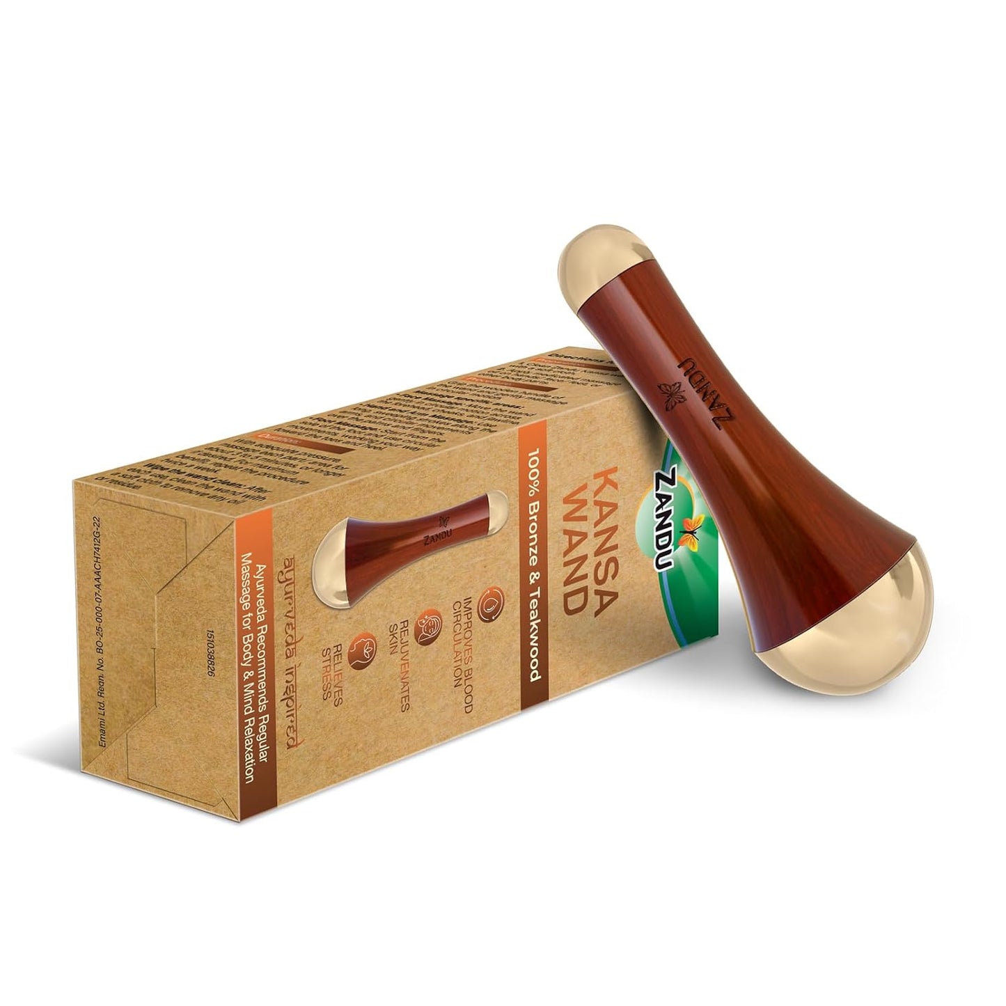 Zandu Ayurvedic Dual Sided Kansa Wand Massager | 100% Bronze & Teakwood handleâ€“ Portable Face, Neck, Body & Foot Massager | Promotes Relaxation & Improves Blood Circulation | Face Yoga Wellness Tool