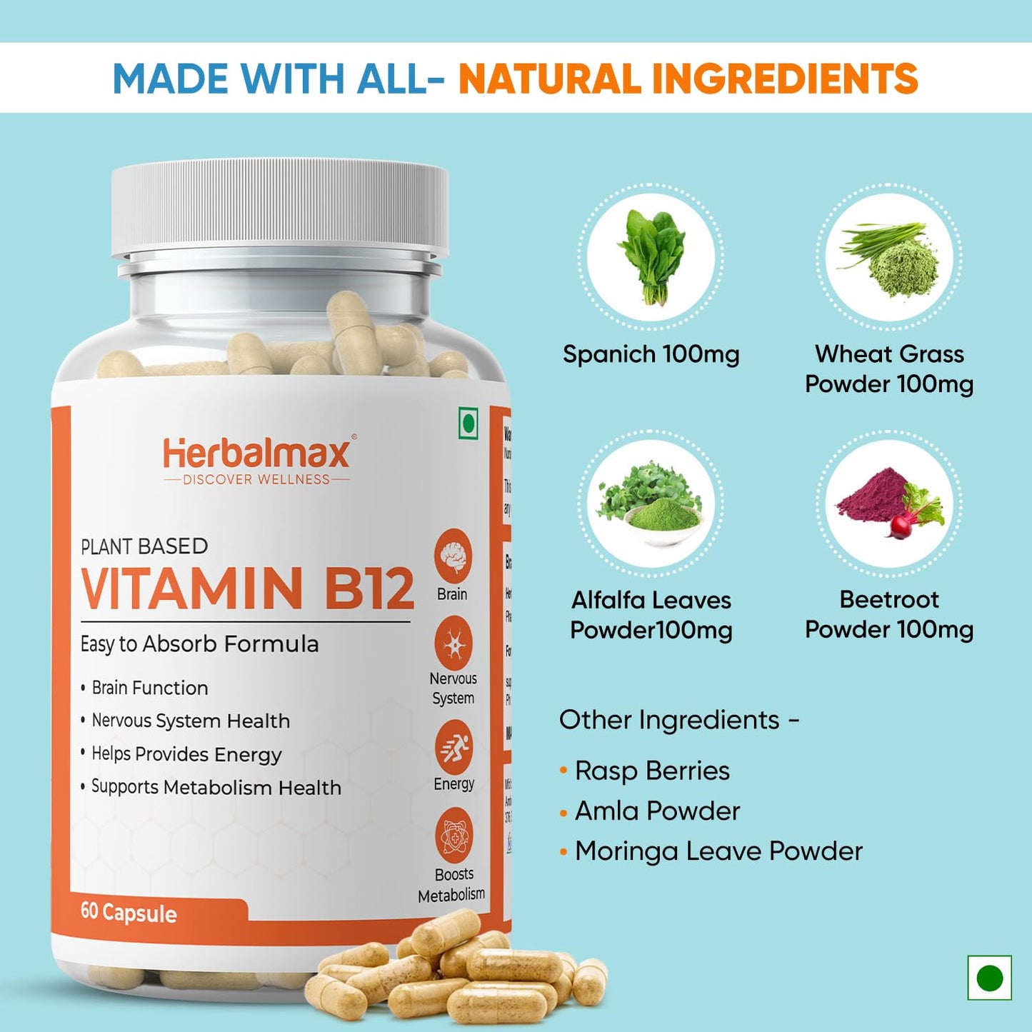 Herbalmax Plant-Based Vitamin B-12 2.2mcg â€“ 60 Veg Capsules | Boost Energy & Metabolism, Supports Healthy Nervous System, Brain Function, Mental Clarity & Focus for Men & Women