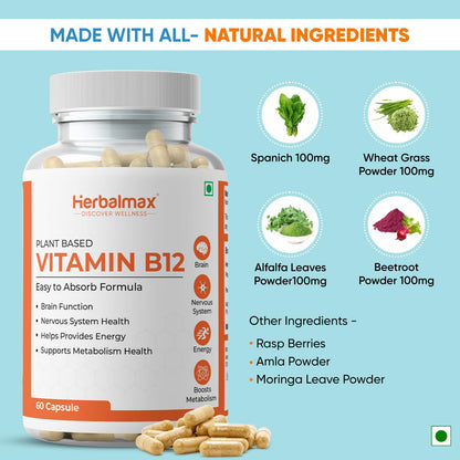 Herbalmax Plant-Based Vitamin B-12 2.2mcg â€“ 60 Veg Capsules | Boost Energy & Metabolism, Supports Healthy Nervous System, Brain Function, Mental Clarity & Focus for Men & Women