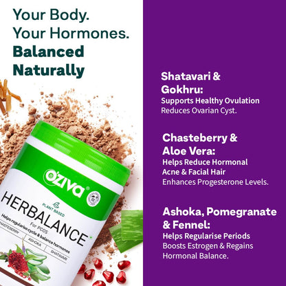 OZiva Plant Based HerBalance for PCOS Supplements for Women 200g, with Myo-Inositol, ChasteBerry, Shatavari, PCOS Supplements for Women Promoting Better Cycle & Hormonal Balance