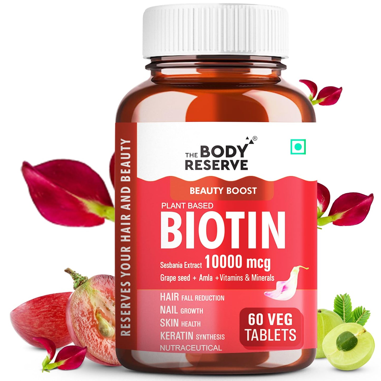 The Body Reserve Plant-Based Biotin Tablets - 60 Veg Tablets, Biotin from Sesbania Extract with Amla & Grapeseed - Supports Hair, Skin, and Nails - For Men & Women