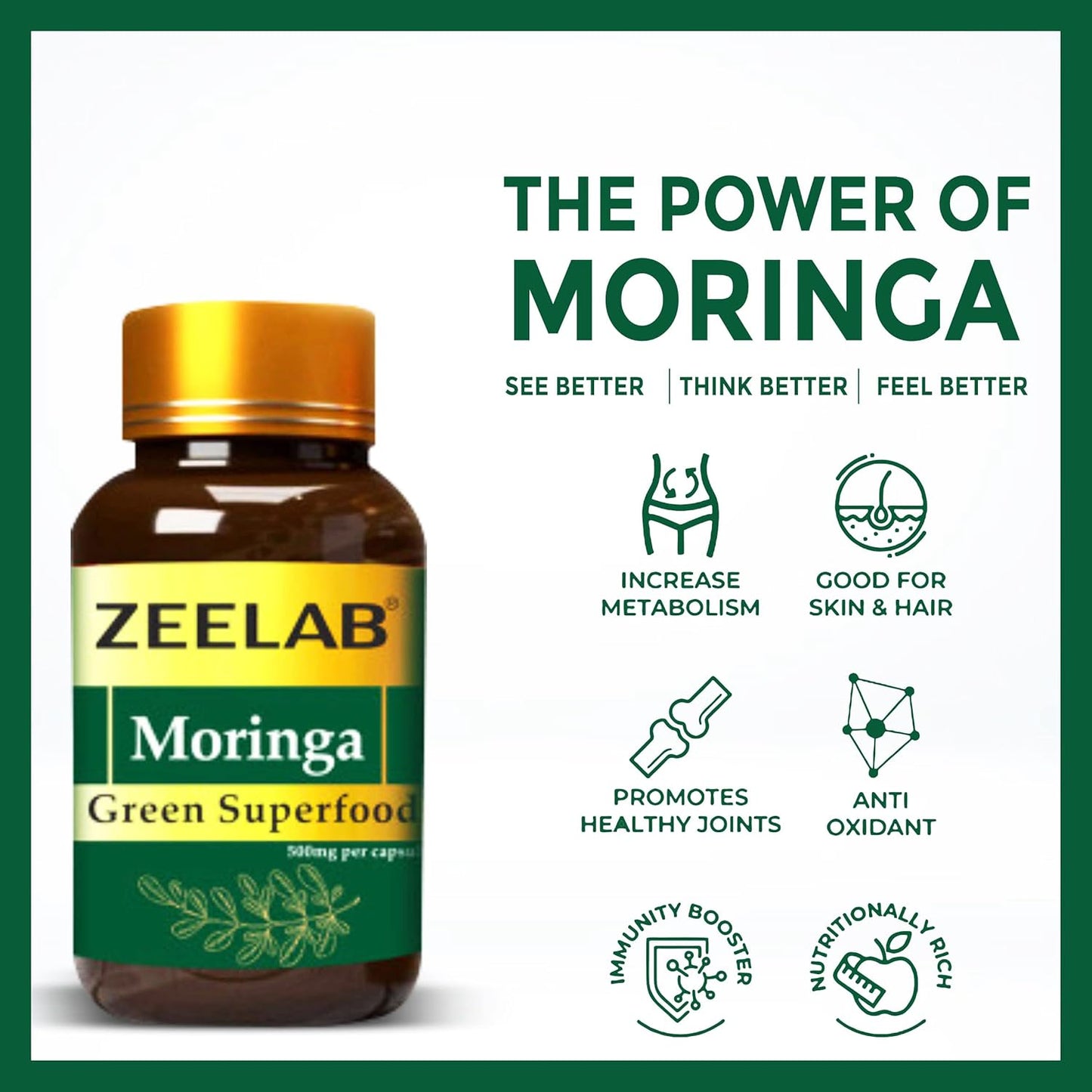 Zeelab Moringa Green Superfood Capsule | Immunity Supplements for Adults | 100% Vegetarian | Organic Moringa Leaf Powder 100 Capsules