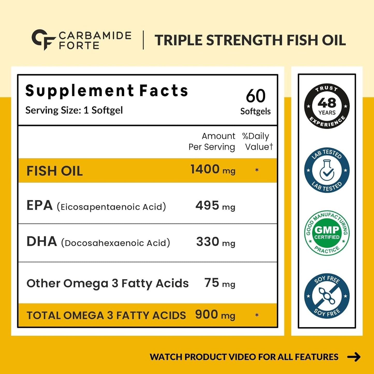 Carbamide Forte Triple Strength Fish Oil 1400mg with Omega 3 900mg for Men & Women - 60 Softgel Capsules