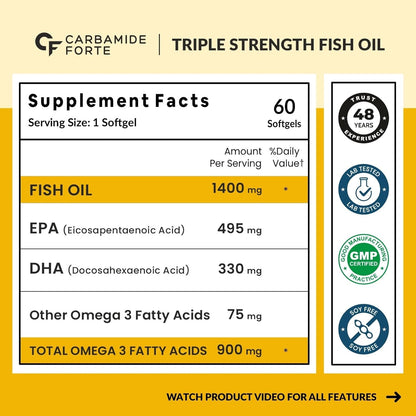 Carbamide Forte Triple Strength Fish Oil 1400mg with Omega 3 900mg for Men & Women - 60 Softgel Capsules
