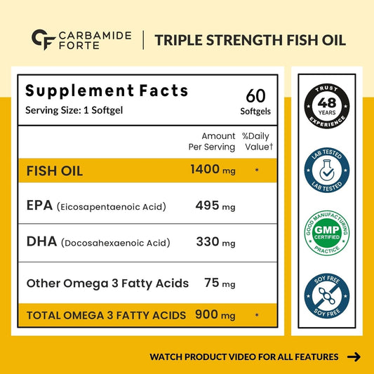 Carbamide Forte Triple Strength Fish Oil 1400mg with Omega 3 900mg for Men & Women - 60 Softgel Capsules