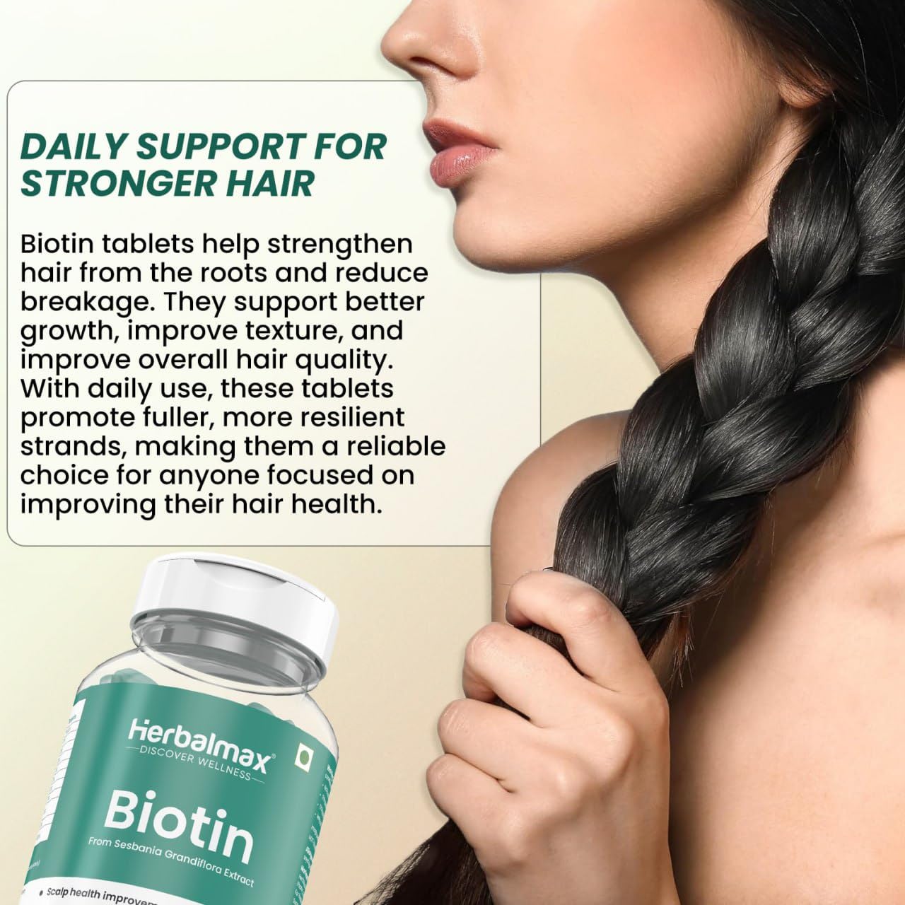 Herbalmax Biotin Tablets for Hair Growth | 10000 mcg Biotin Tablet with Sesbania Grandiflora Extract â€“ Hair Strength & Vitamin B7 Hair Care for Men & Women | 30 Veg Tablets