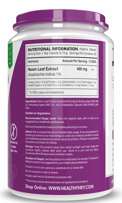 HealthyHey Nutrition Neem Leaf Extract (Indica), 60 Veg. Capsules - Natures Miracle Detoxifying Agent. Promotes Healthy Respiratory, Digestive and Immune System - No GMO. Gluten Free.