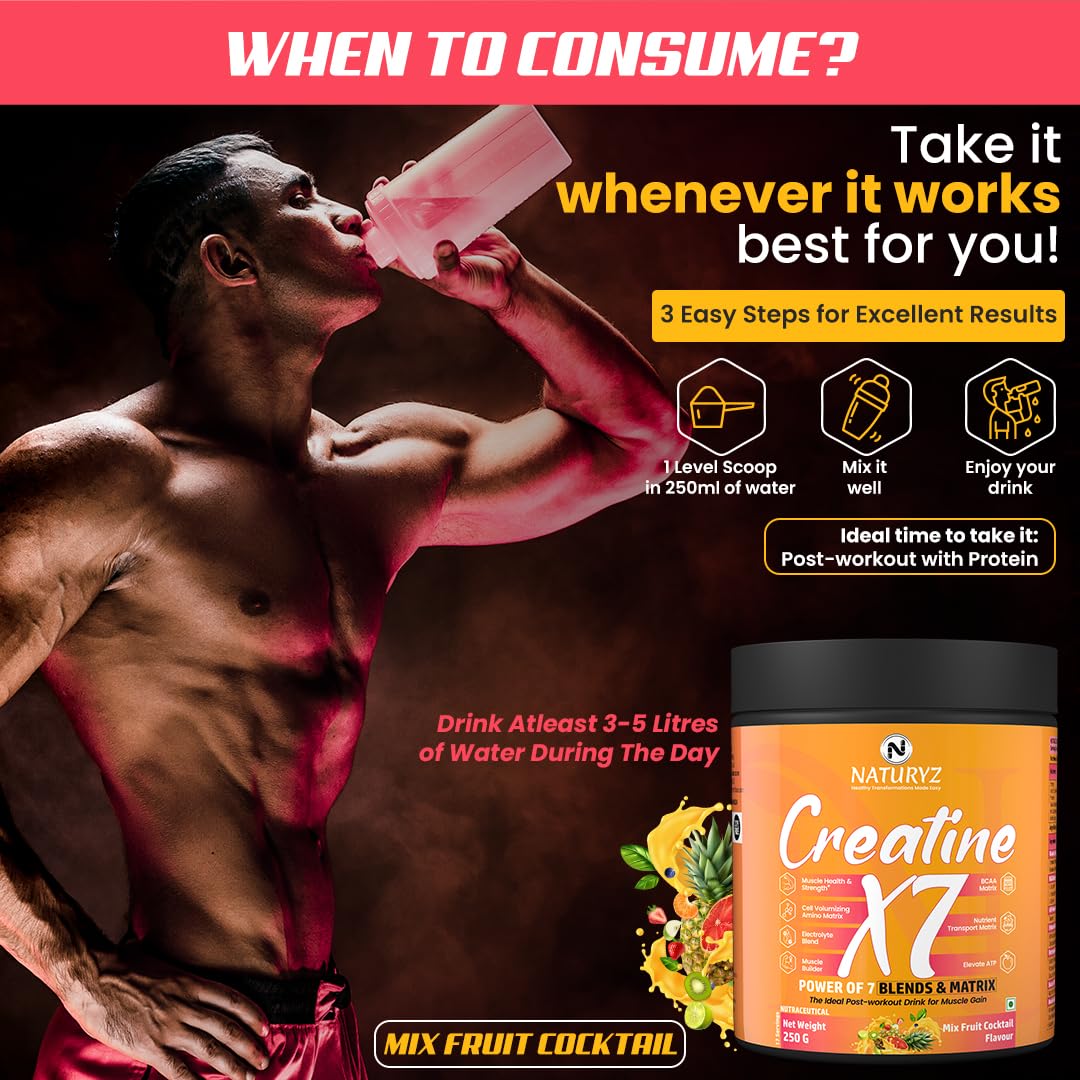 NATURYZ Creatine X7 Pure Micronized Creatine Monohydrate Post Workout drink | Rapid Absorption with Aminos | BCAA | ATP Transport Matrix | Muscle Growth & Strength | Power of 7 Blends | Muscle Builder- 250g(MixFruit Cocktail)