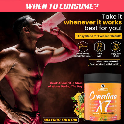 NATURYZ Creatine X7 Pure Micronized Creatine Monohydrate Post Workout drink | Rapid Absorption with Aminos | BCAA | ATP Transport Matrix | Muscle Growth & Strength | Power of 7 Blends | Muscle Builder- 250g(MixFruit Cocktail)