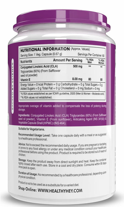 HealthyHey Nutrition CLA 500 - Conjugated Linoleic Acid - Helps Fat Oxidation-(60 Veg. Capsules)