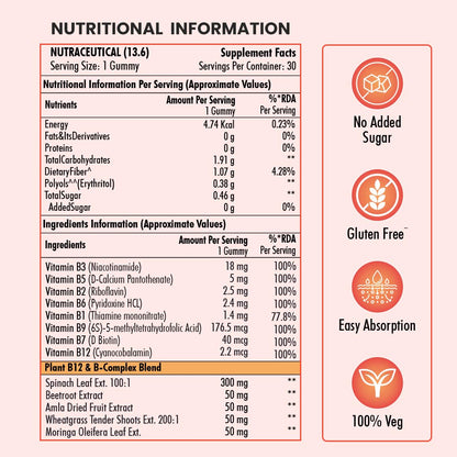 NATURYZ Plant-Based Vitamin B12 + B-Complex Gummies for Vegetarians | Energy, Mood & Metabolism Support | With Spinach, Moringa & Beetroot | No Gelatin, No Added Sugar | 30 Orange Gummies