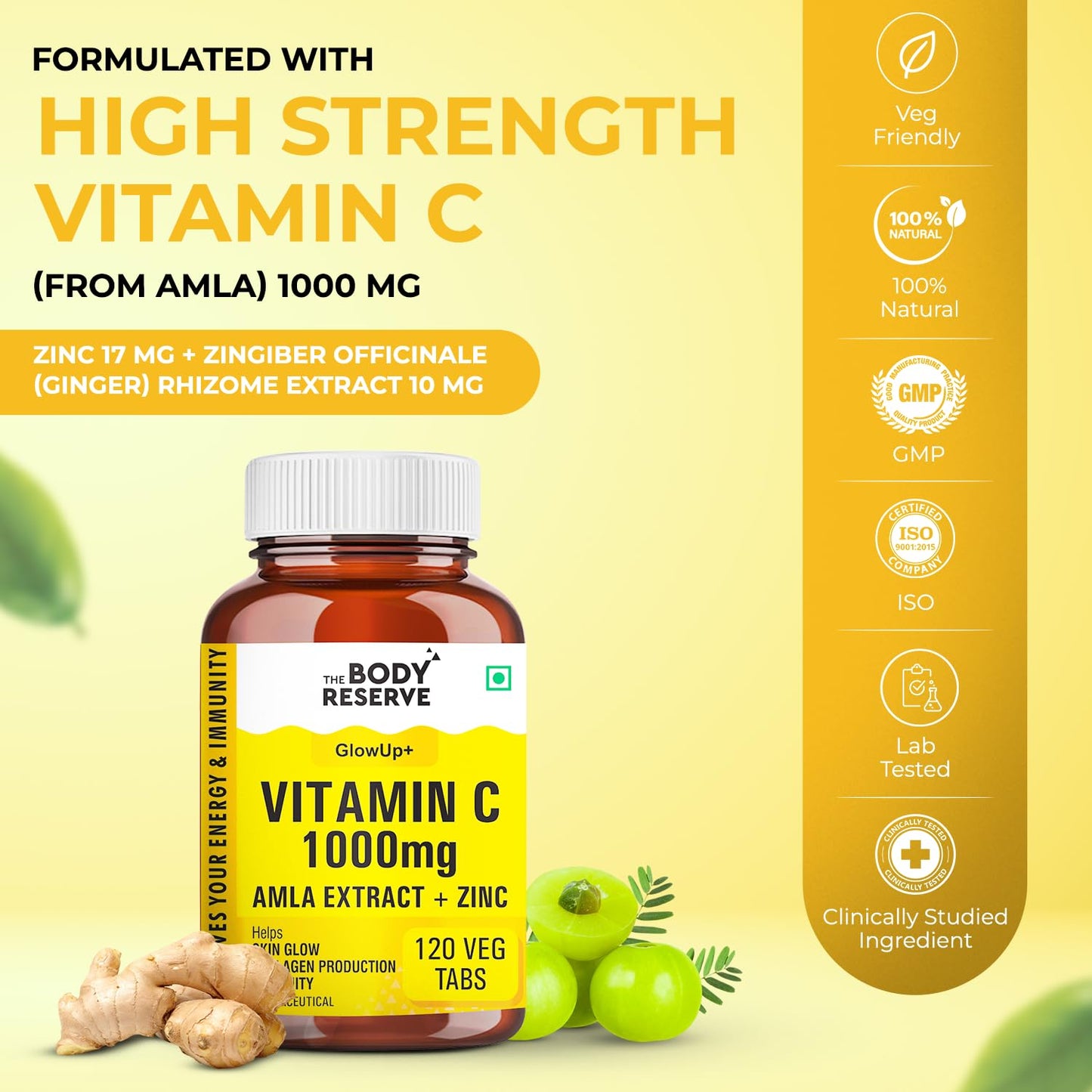 THE BODY RESERVE Vitamin C Tablets with Amla Extract, Zinc & Ginger | 120 Tablets | Daily Dietary Supplement